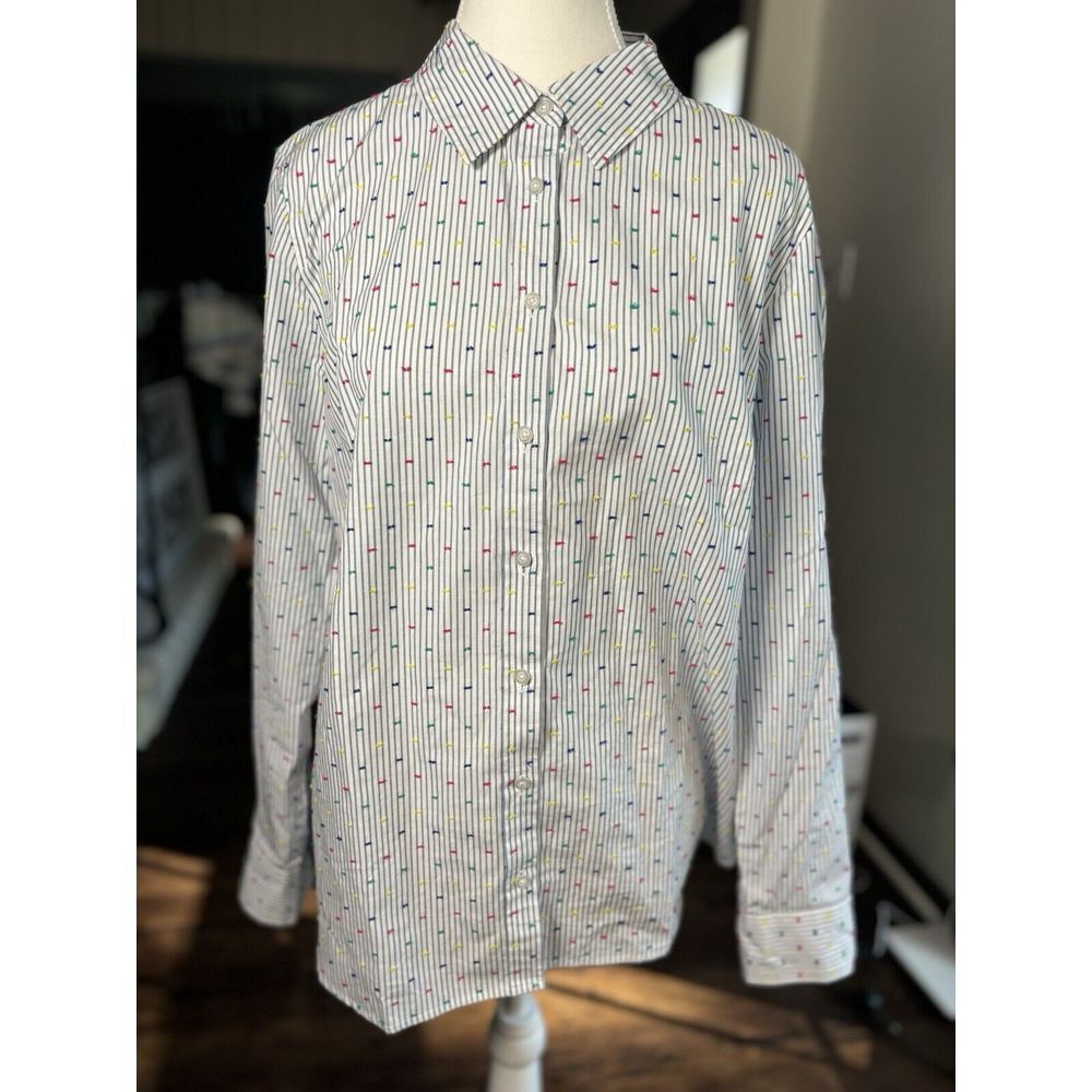 Talbots Button Up Shirt Blue/White Stripe Embroidered Polka Dots Size‎ Medium